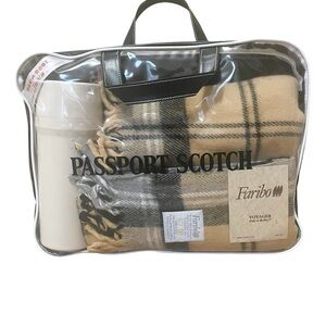 Vintage NOS Faribo Stadium Pak-A-Robe Blanket & Thermos in Carry Tote Tan Plaid